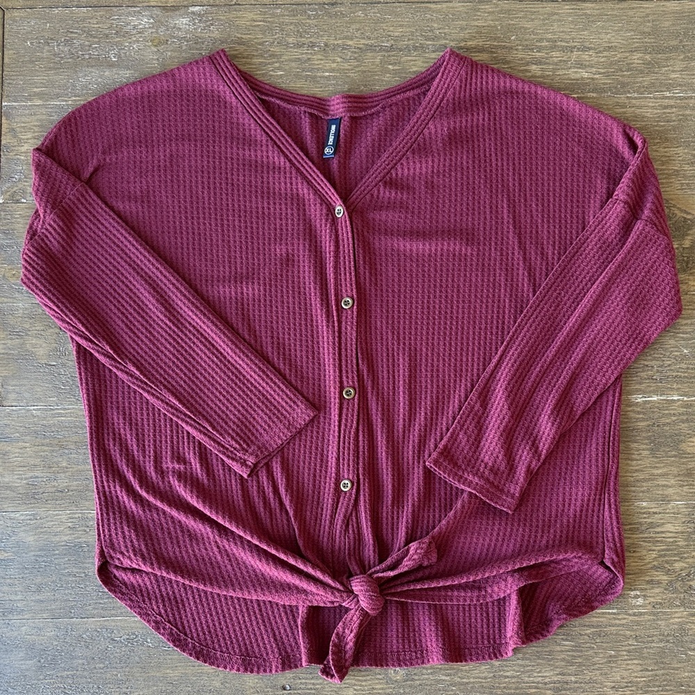 IWOLLENCE Women's Waffle Knit Tunic Blouse Tie Knot Henley Top